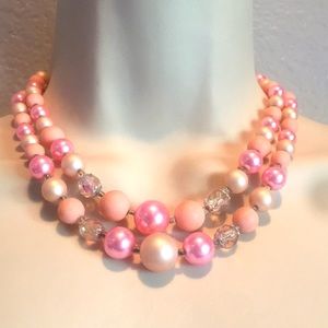 Double Stranded Double Pink Faux Pearl Necklace Adjustable